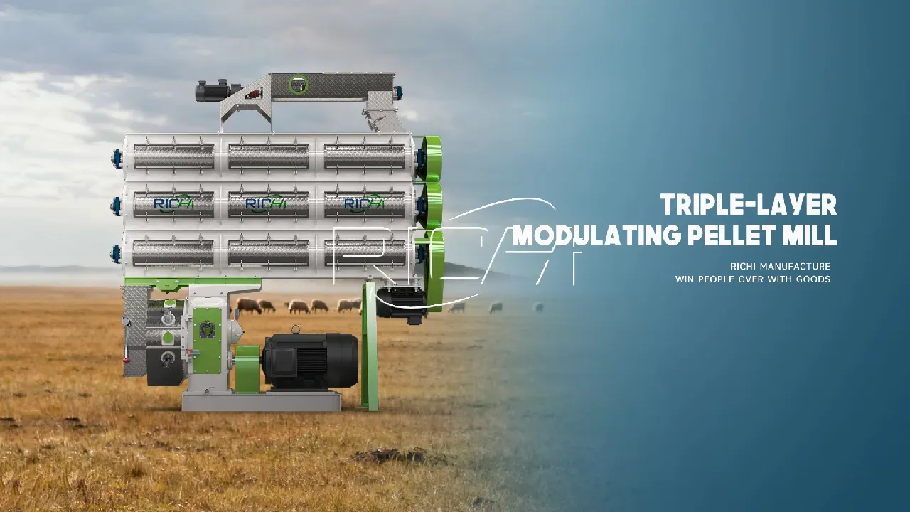 Featured images from a video of a shrimp feed pellet mill with a three-layer conditioner