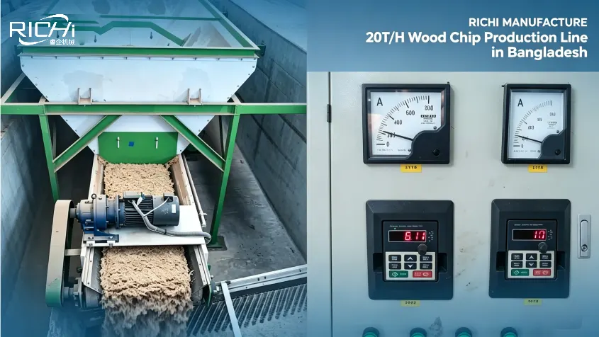 Featured images from a video of a 20-ton/hour wood chip production line in Bangladesh.
