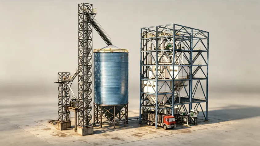 Video-Titelbild einer 3D-Animation einer Futtermittelproduktionslinie
