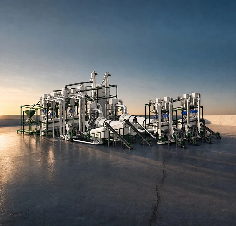 3D diagram of biomass combustion pellet production process, flowchart of biomass fuel pellet manufacturing production line