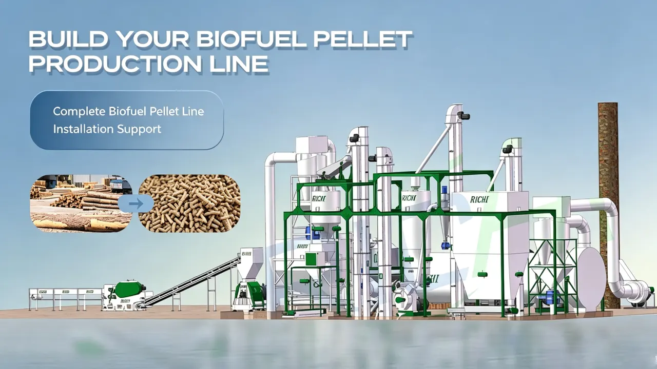 Turnkey biofuel pellet production line setup, industrial biomass pellet mill plant for new bioenergy manufacturing project