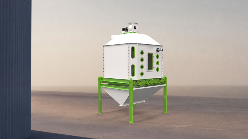 Counter flow pellet cooling machine to reduce pellet temperature