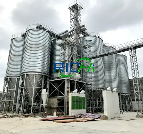 Large-scale animal feed compound production line, automatic poultry aquaculture premixed feed processing plant with galvanized steel grain silo storage system