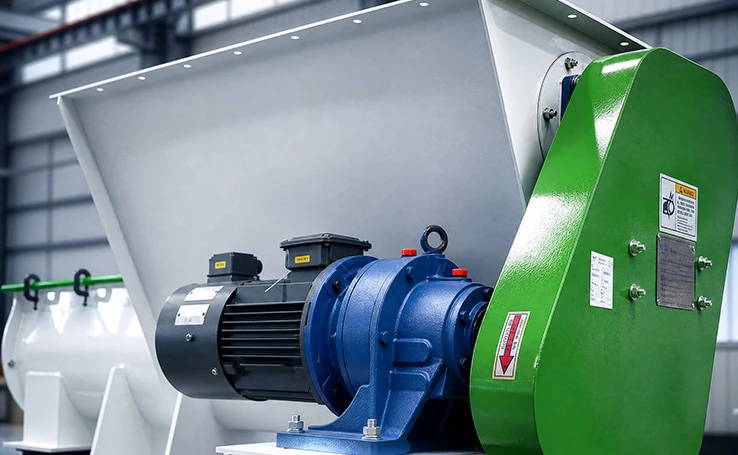 Variable frequency anti-bridging forced feeder hopper assembly with drive motor for pellet mill raw material feeding