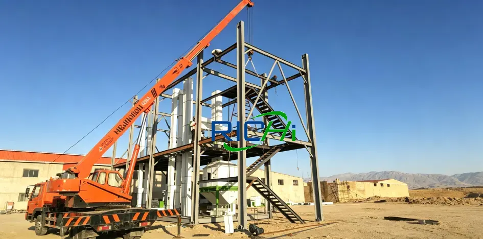 Workers install complete cow dung pellet production line, turnkey organic manure fertilizer processing equipment
