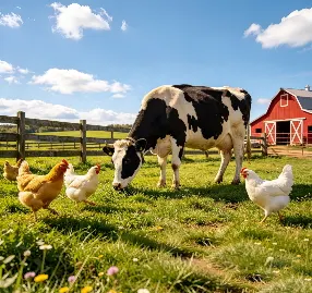 Pabrik pakan ternak sapi di kawasan padang rumput yang juga memelihara ayam yang dibiarkan berkeliaran bebas – pengelolaan biaya pakan ternak yang berkelanjutan