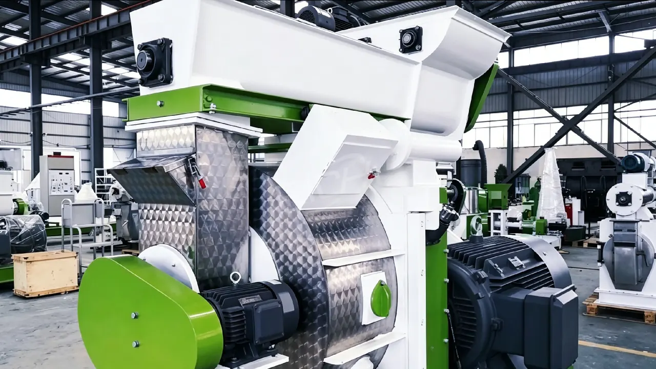 Rice husk pellet mill machine close-up for biomass pellet making, spare parts and maintenance